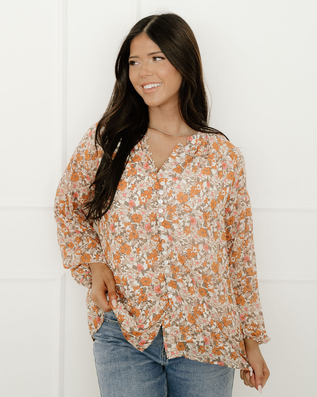 Adaline Floral Puff Sleeve Full Button Shirt