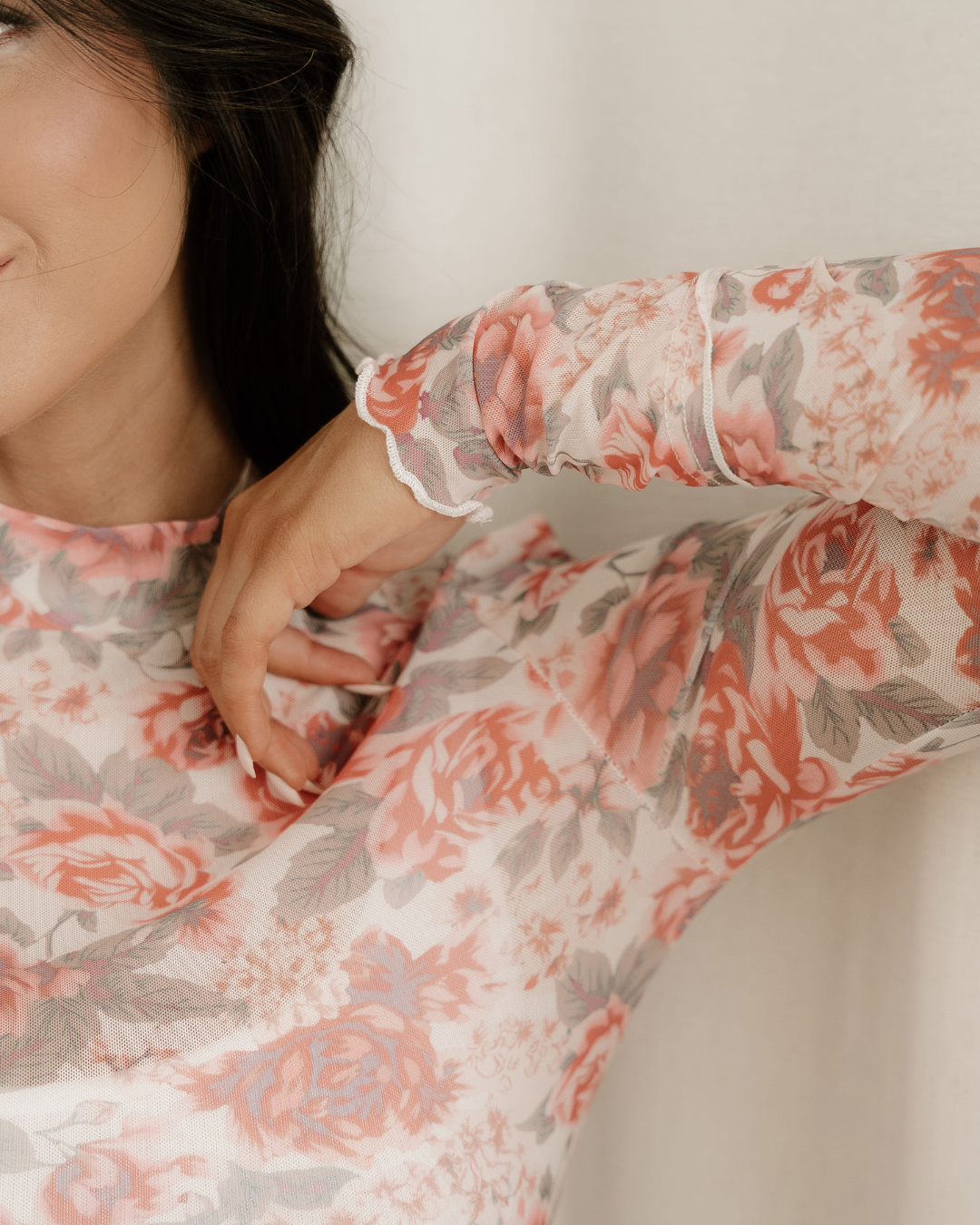 Ophelia Retro Floral Print Mock Neck Mesh Long Sleeve Top - White