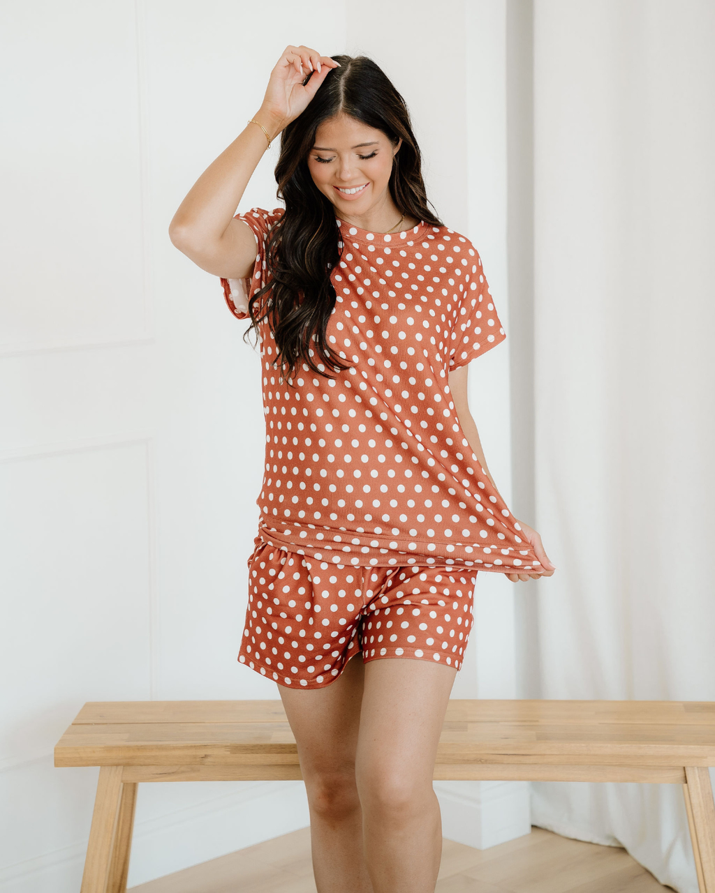Paityn Polka Dot Print Short Set - Caramel