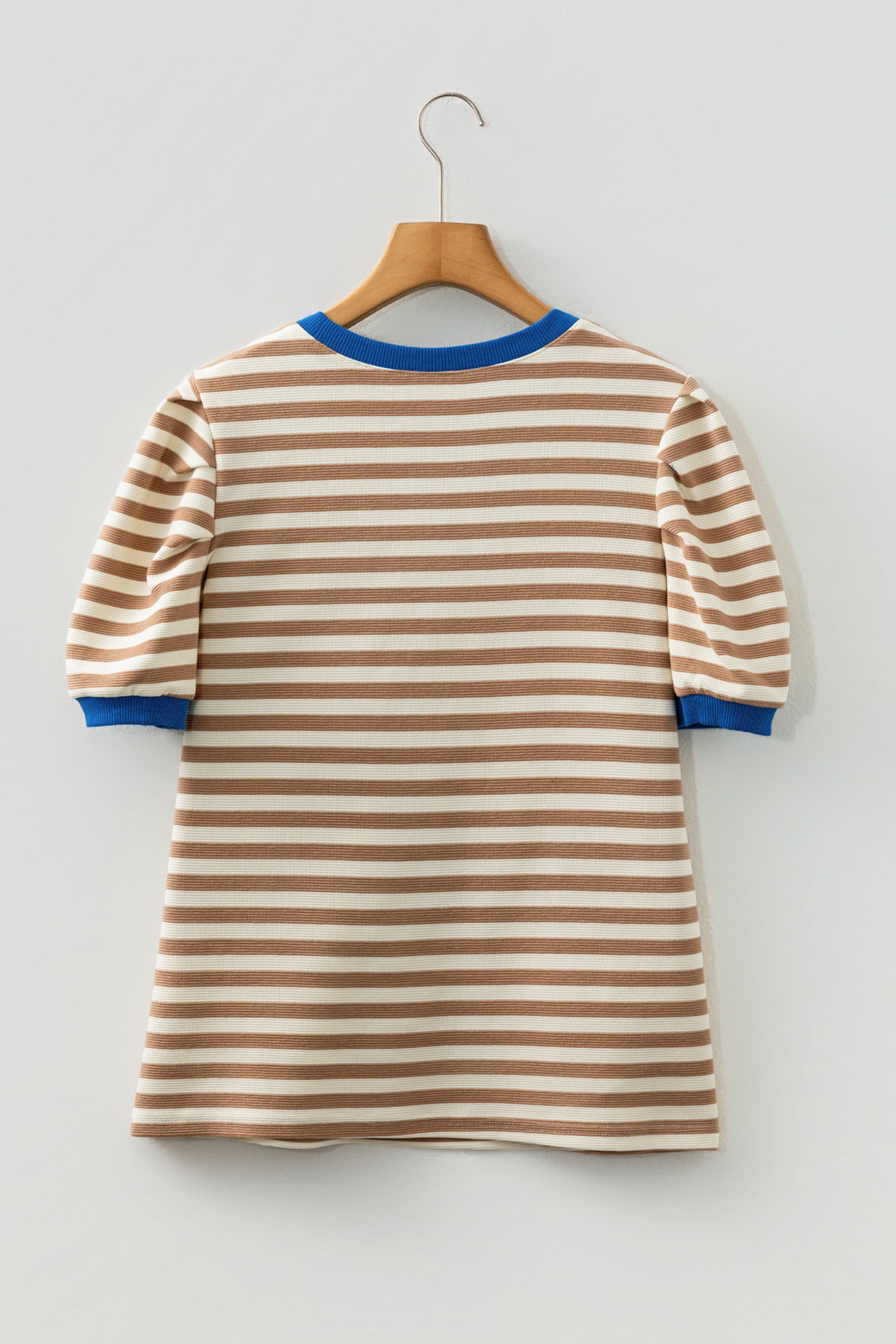 Kimberly Stripe Short Puff Sleeve Contrast Trim Round Neck Tee - Brown