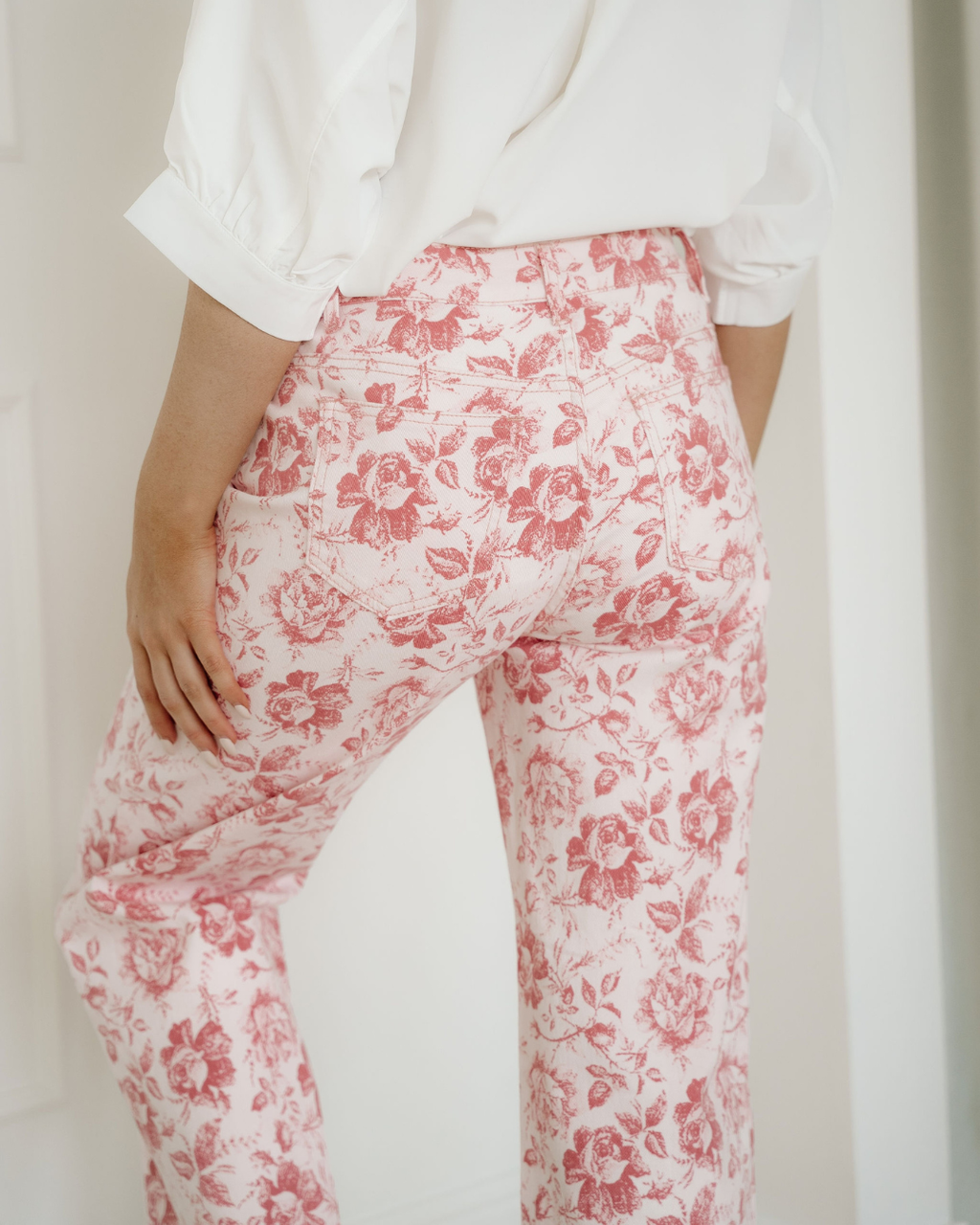Pink Vintage Floral Print Denim Shift Pants