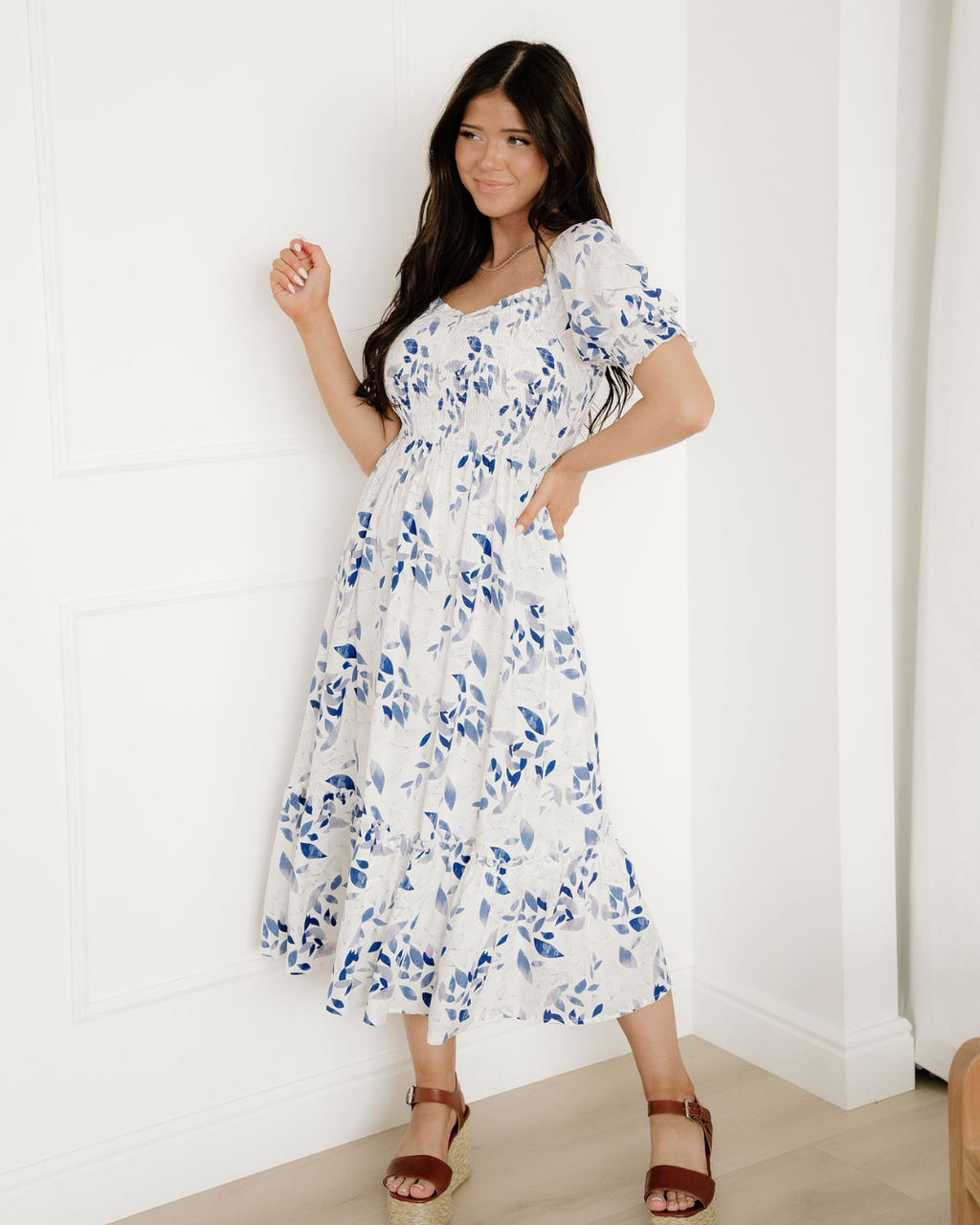 Faith Smocked Bodice Short Puff Sleeve Tiered Floral Midi Dress