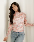 Ophelia Retro Floral Print Mock Neck Mesh Long Sleeve Top - White