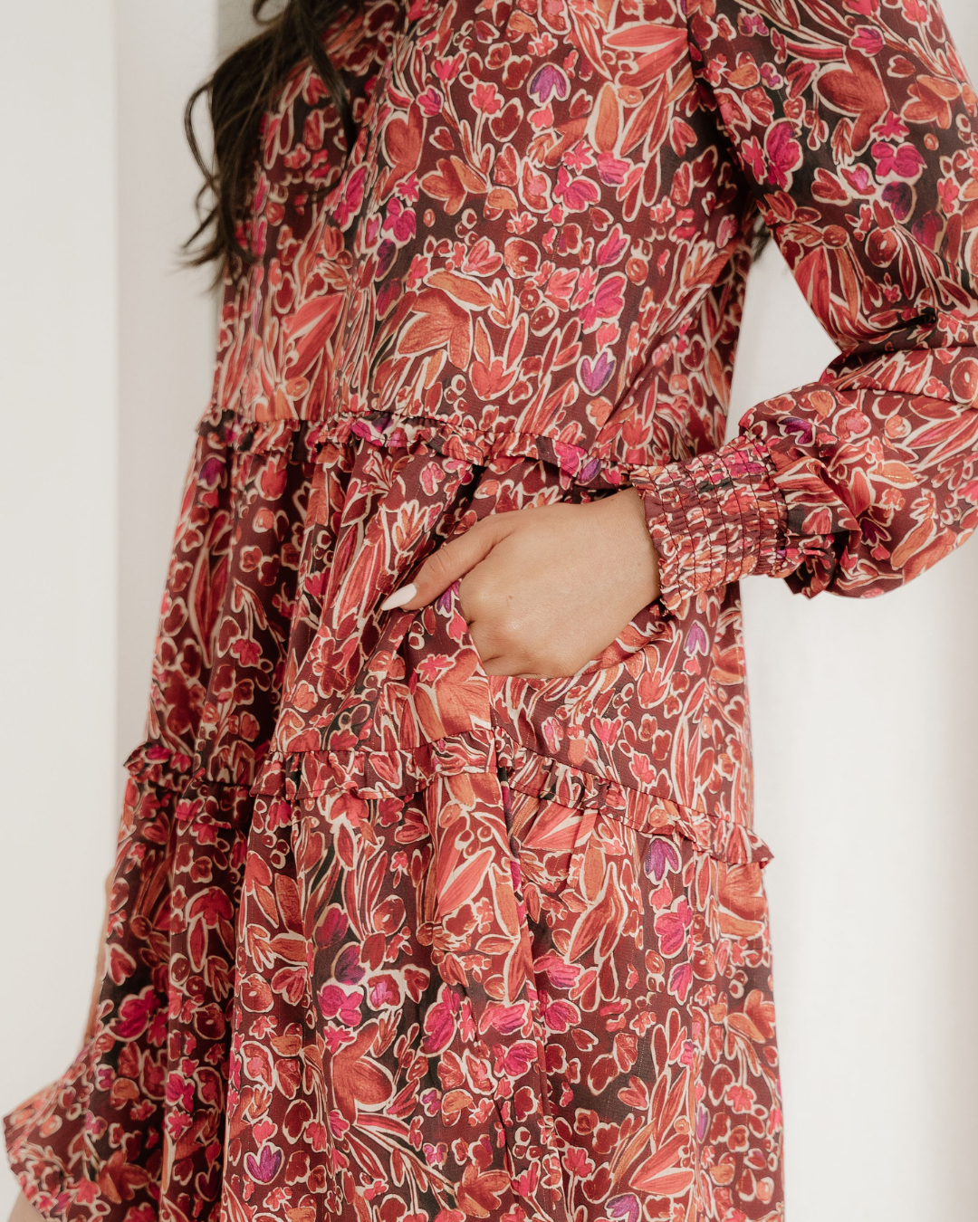Lilith Long Sleeve Shirred High Neck Loose Mini Dress