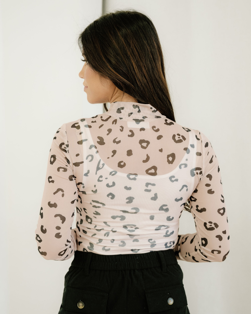 Oaklynn Mock Neck Sheer Mesh Leopard Long Sleeve Bodysuit