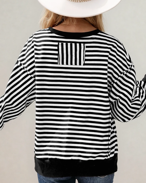 Annie Exposed Seam Drop Shoulder Casual Pullover Top - Black