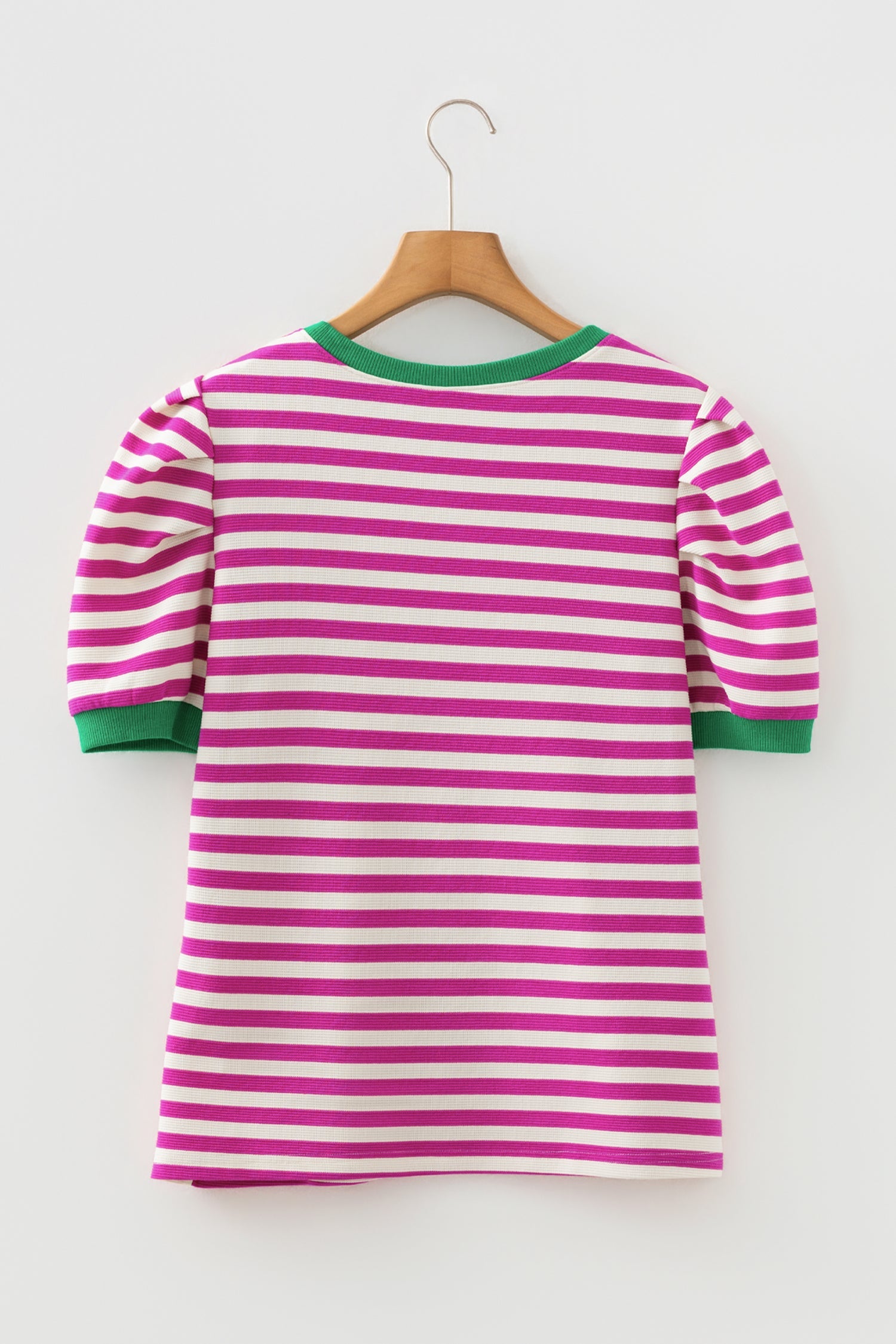 Kimberly Stripe Short Puff Sleeve Contrast Trim Round Neck Tee