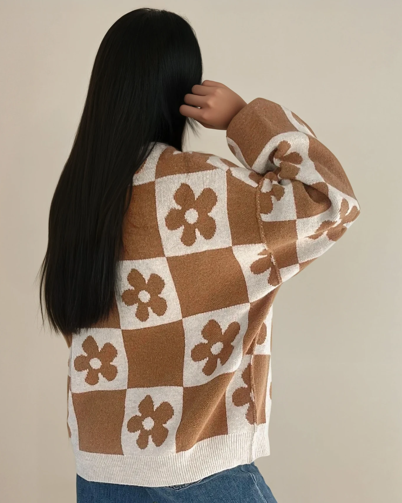 Flower Power Checkered Henley Sweater - Camel