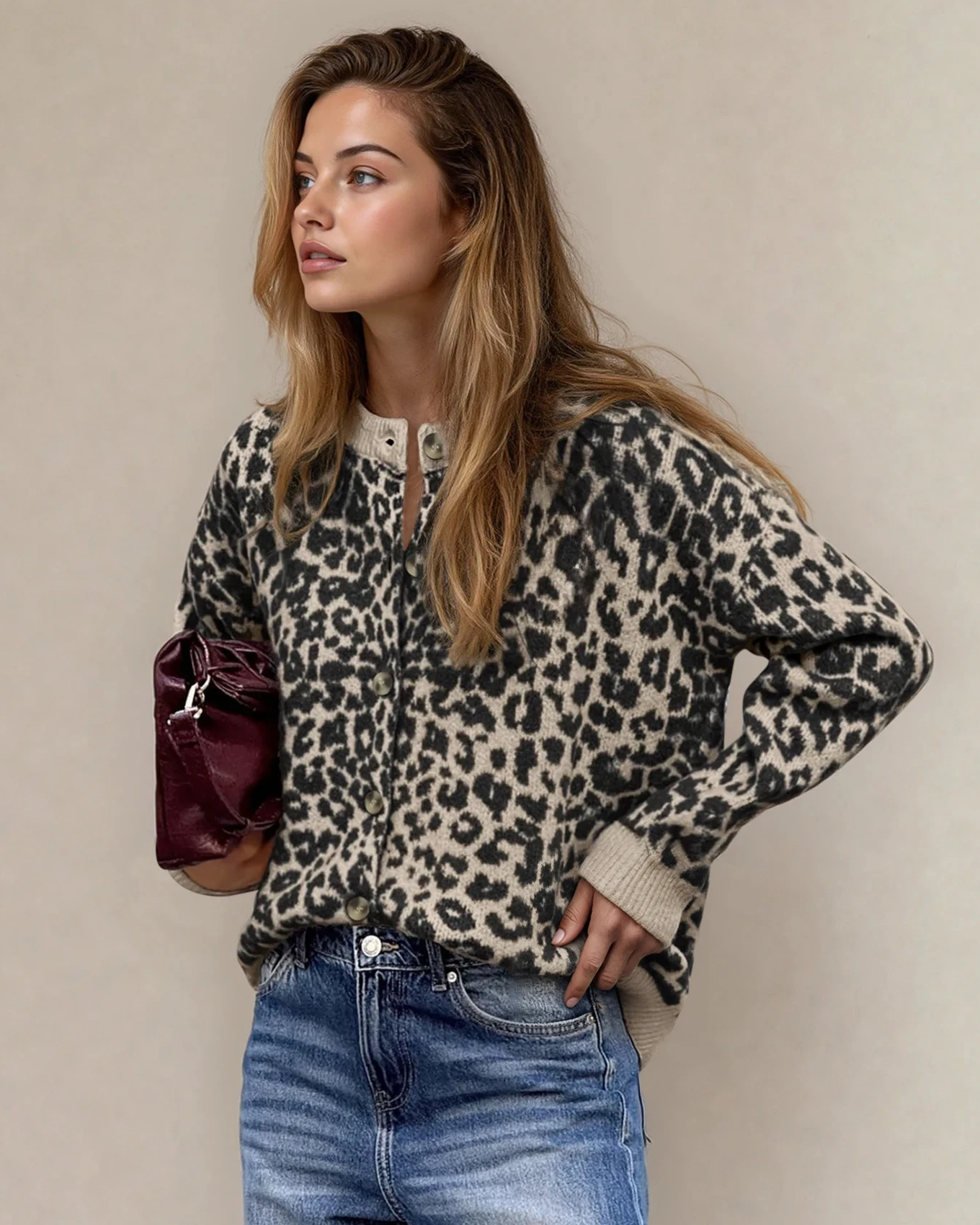 Leopard Knitted Cardigan - Black