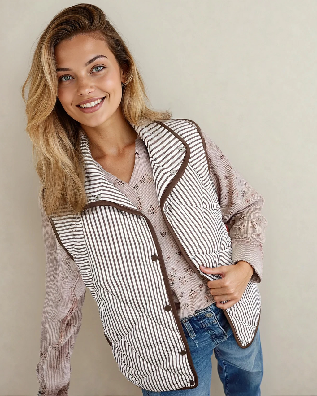 Skylar Striped Snap Button Scalloped Hem Winter Vest  - Brown