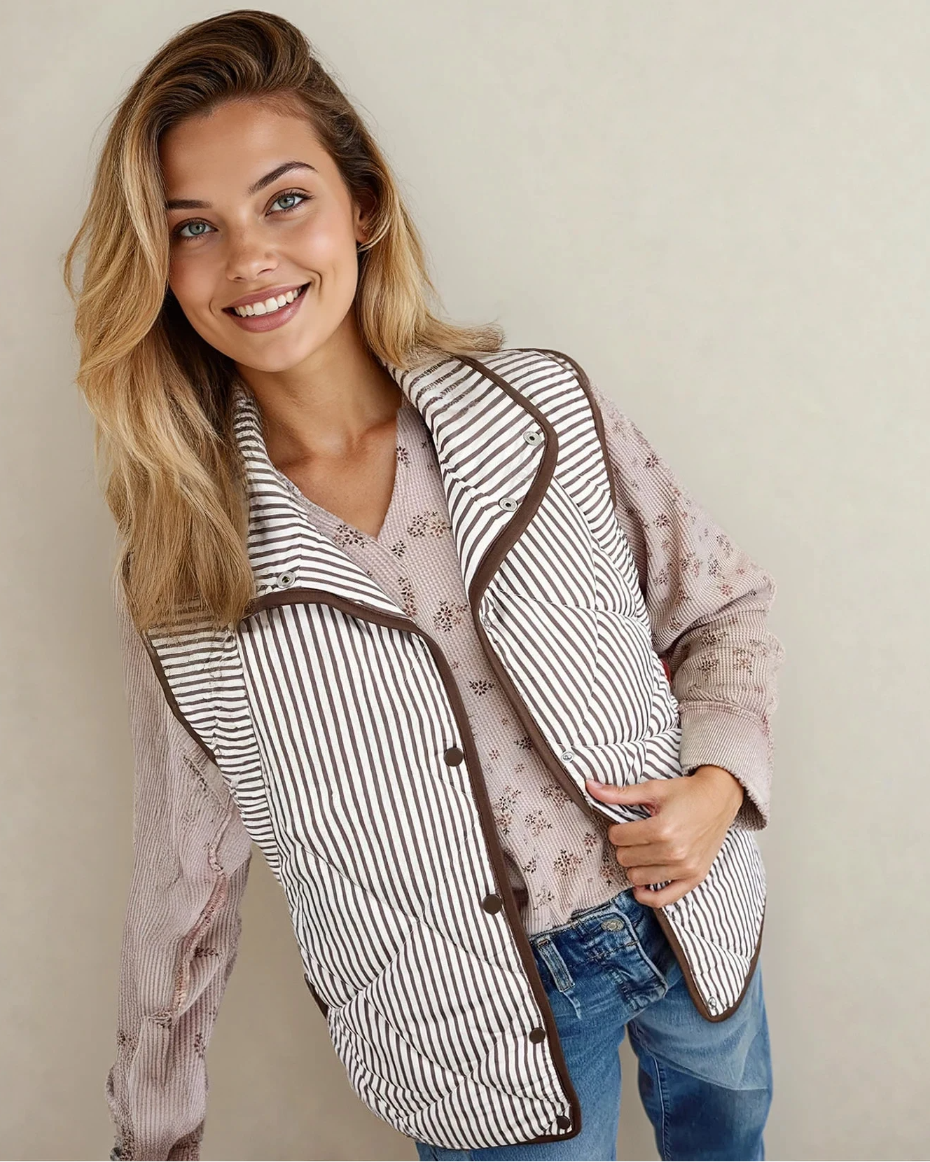 Skylar Striped Snap Button Scalloped Hem Winter Vest  - Brown