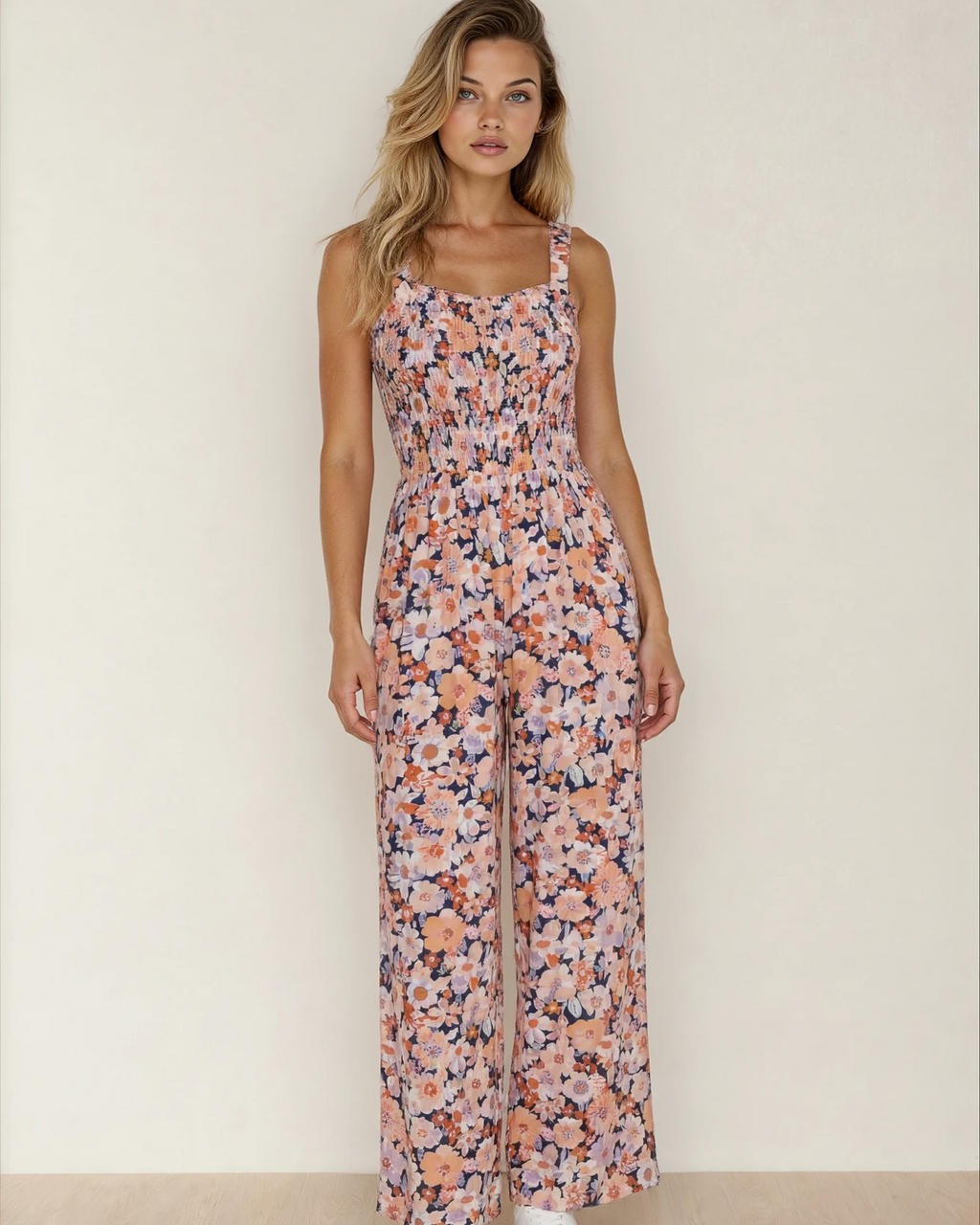 Angelica Square Neckline Stretch High Waist Jumpsuit - Pink Floral