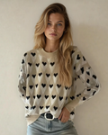 Brynlee Geometric Heart Print Ribbed Trim Loose Sweater